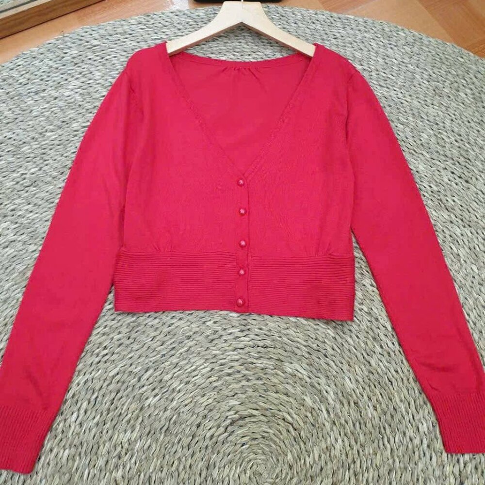 Cherry Red Cropped Cardigan Button Up Knit Sweater